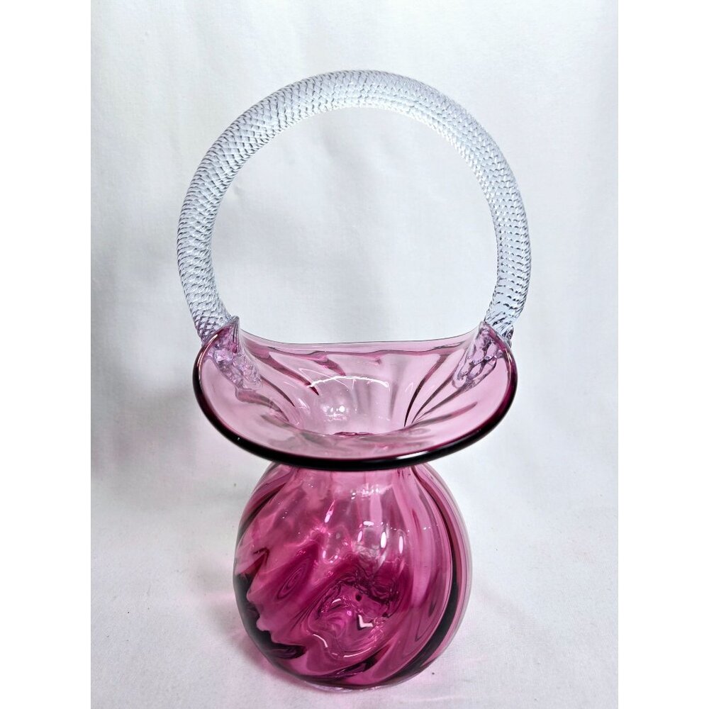 Vintage Rossi Cranberry Glass Swirl Basket Vase with tight twist handle